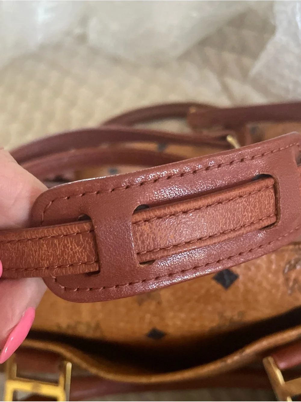 MCM Cognac Visetos Monogram Satchel with Brown Leather Handles